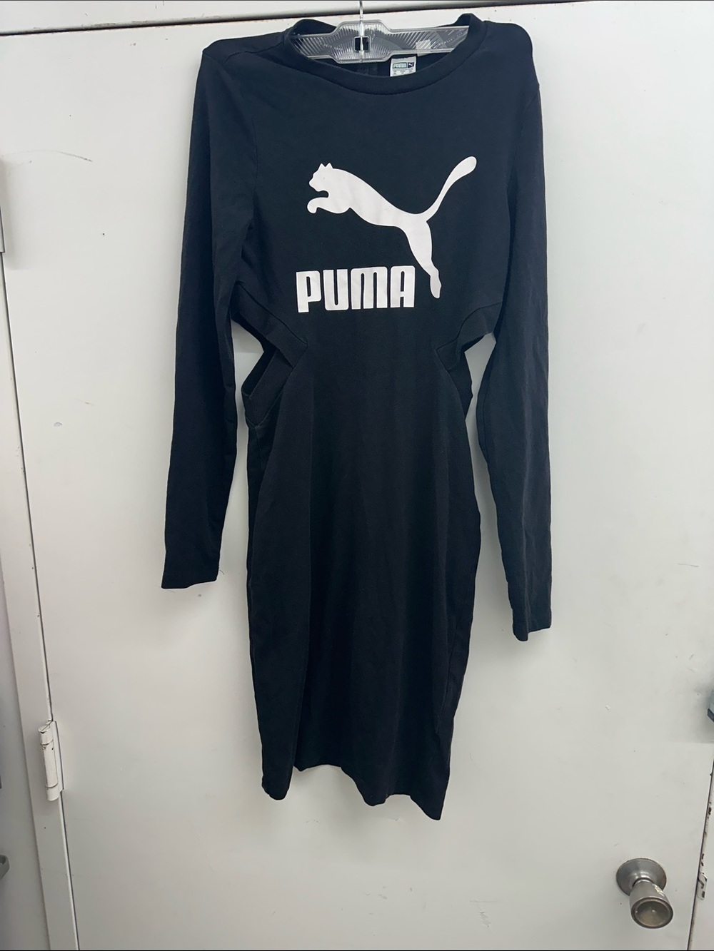 Puma Black Long Sleeve Logo Dress White Puma Print and side cut out design SZ XS